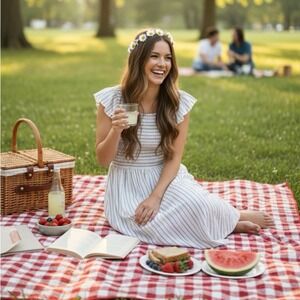 L Love Blue White Striped Smocked Maxi Dress Flutter‎ Sleeve Cottagecore Medium